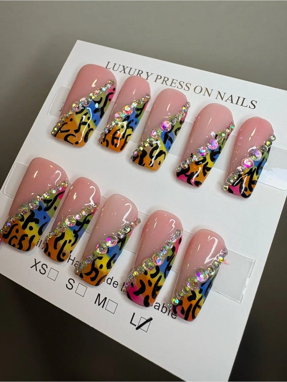 Luxury Pink Multicolor Ombre Leopard Press-On Nails with Rhinestones